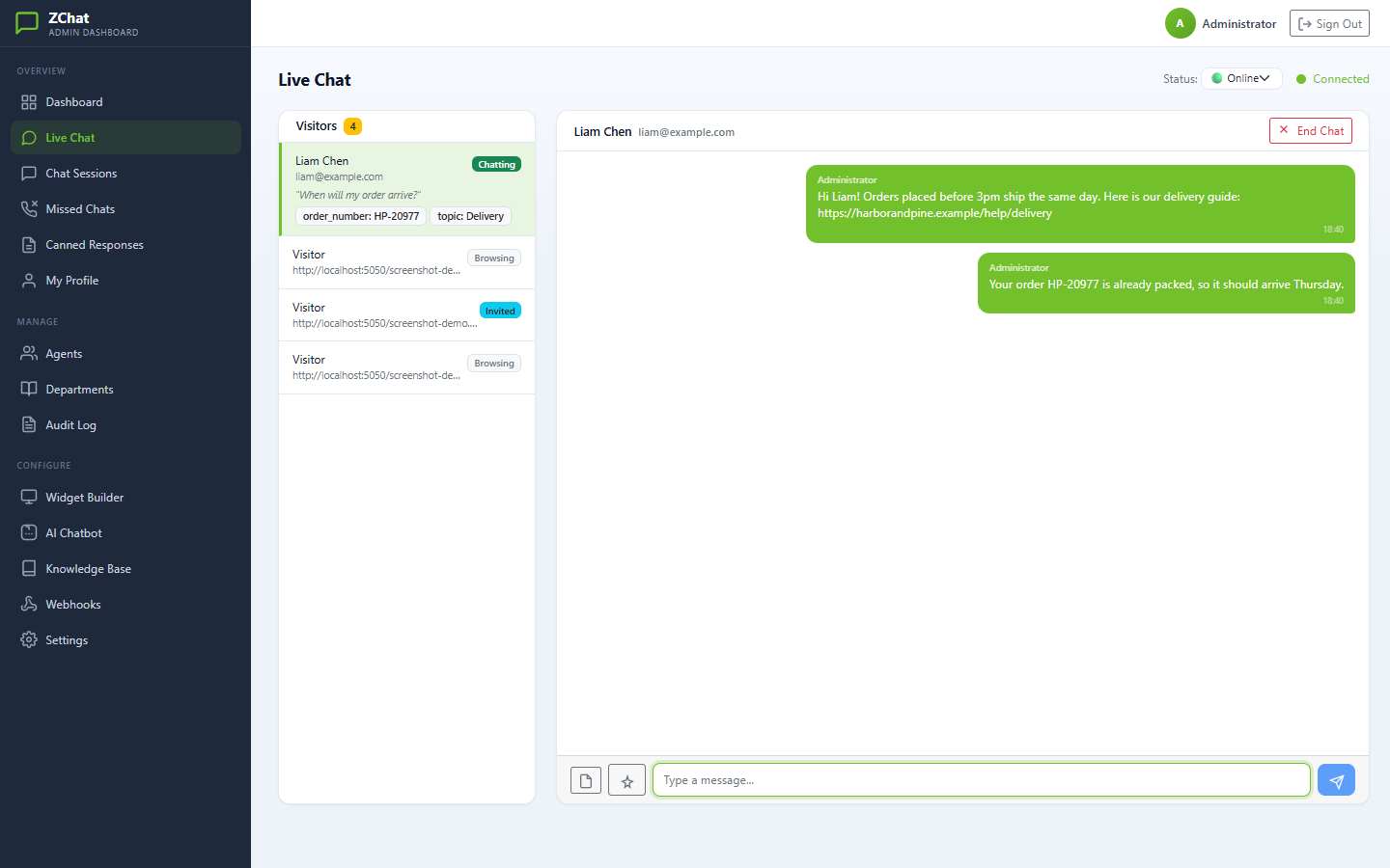 Agent sending a link from the DChat console