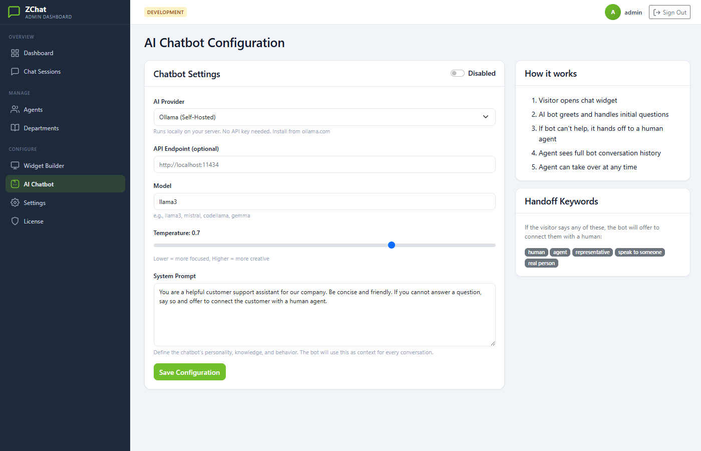 DChat AI chatbot configuration with provider and handoff settings
