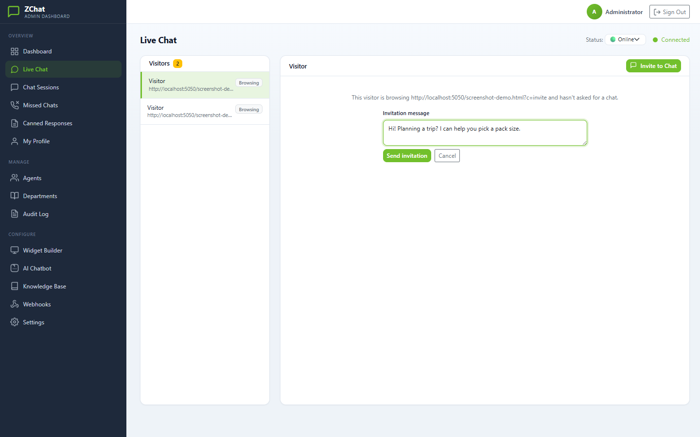 Writing a chat invitation to a browsing visitor in the DChat console