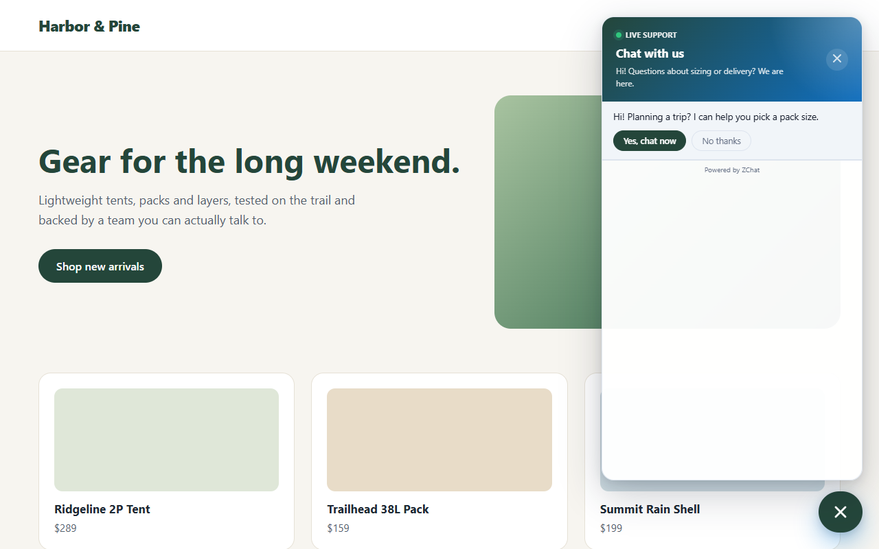 A proactive chat invitation with Yes, chat now and No thanks buttons