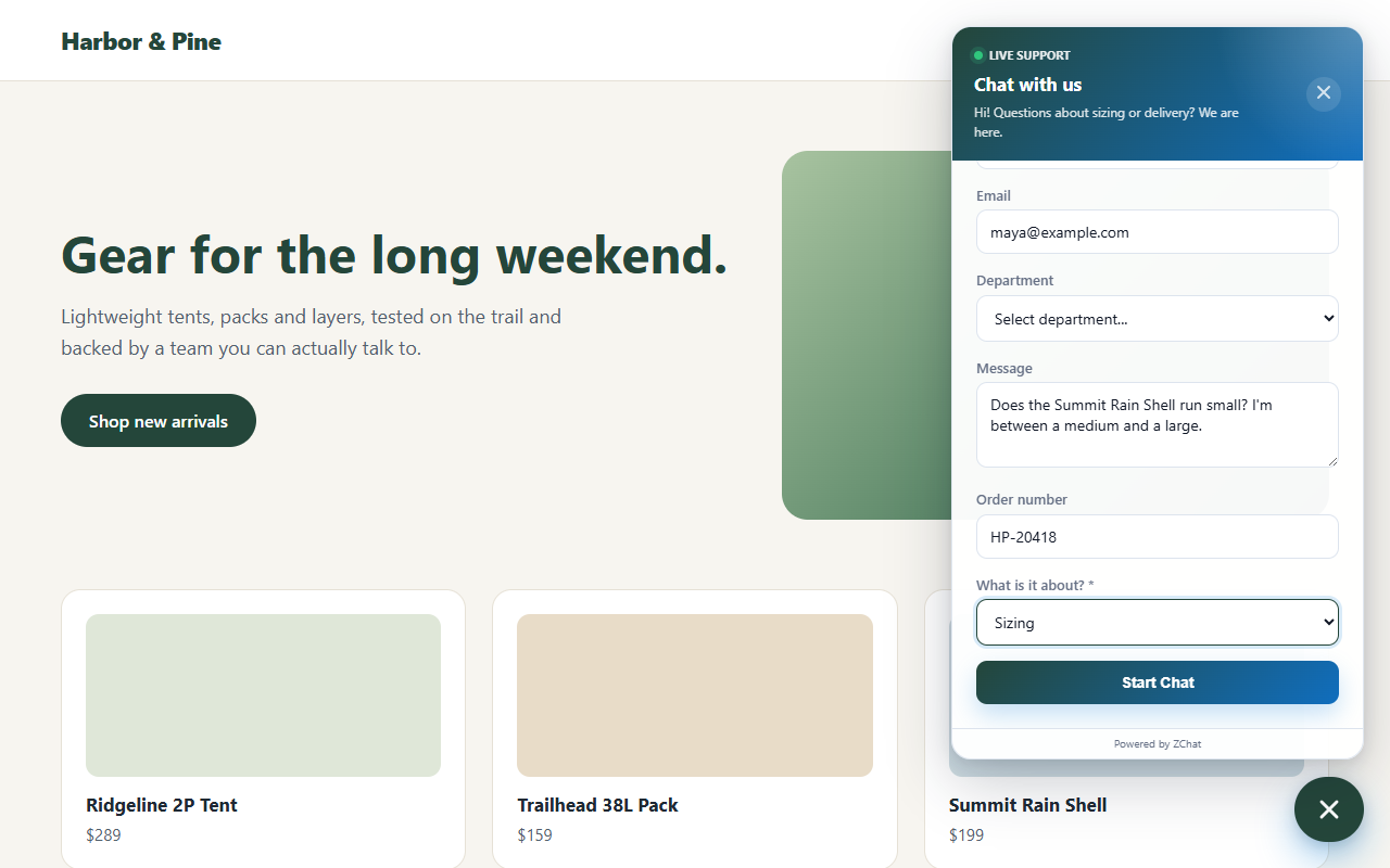 DChat pre-chat form collecting name, email and custom fields