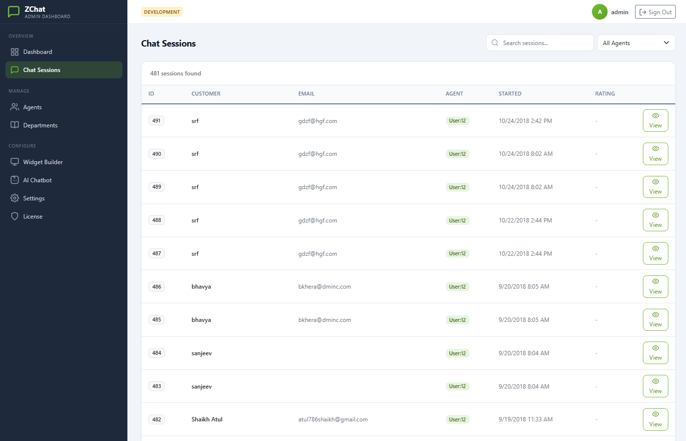 DChat chat sessions list with search and filtering