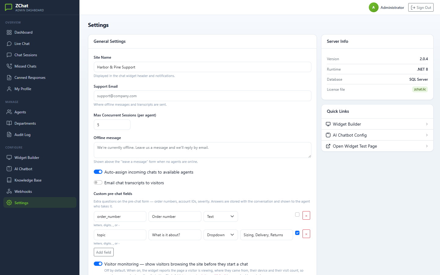 Custom pre-chat fields defined in DChat settings