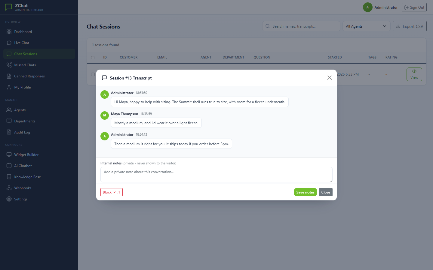 Session transcript with timestamps and internal notes