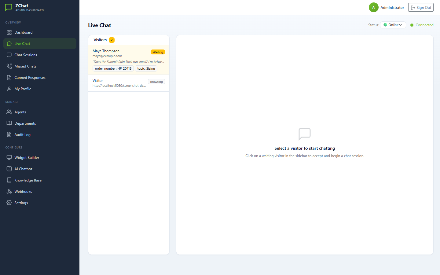 Custom field answers shown to the agent in the visitor list