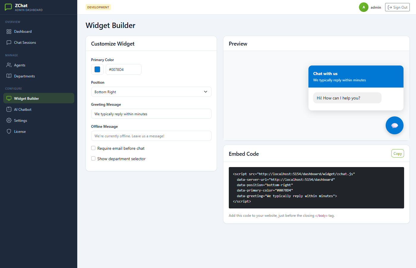 DChat widget builder with live preview and embed code
